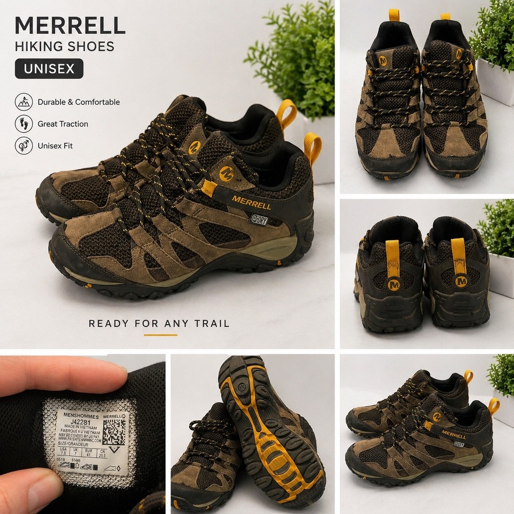 Merrell Alverstone Waterproof Hiking Shoes Mens 7.5 Brown Suede Mesh womens 9